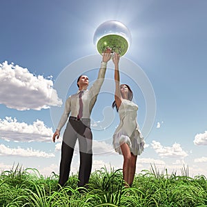 Man and woman holding globe