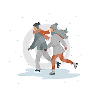 Man and woman holding hands ice skating together