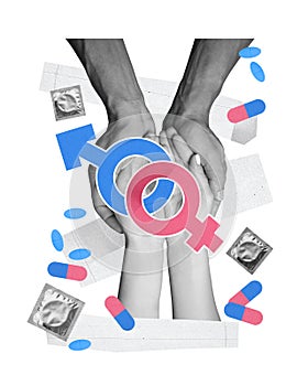 Man and woman holding hands with male and female gender symbols, condoms and pills. Safe love. Contemporary art. World