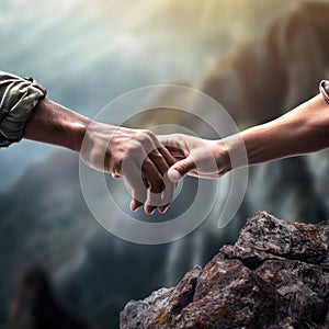 Man and woman holding hands on top of a mountain