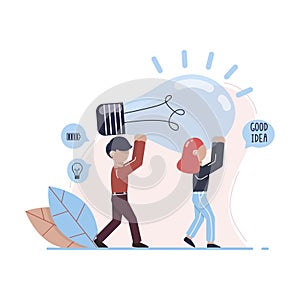 A man and a woman are holding a huge light bulb. Metaphor of the seach for ideas.