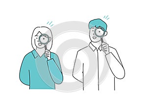 Man and woman holding a magnifying glass. Research concept, find idea for business