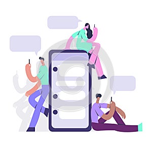 Man and woman holding mobile phone, checking and using messenger. character vector design