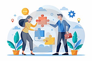 Man and Woman Holding Puzzle Piece, two business people are looking for a solution to a business problem, Simple and minimalist