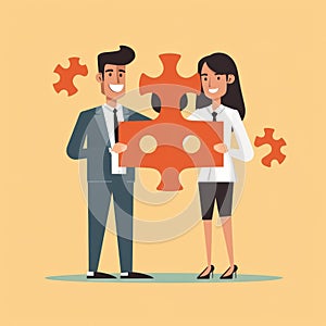 Man and woman are holding up large puzzle piece, which is shaped like peg. They appear to be business partners or