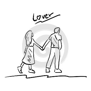 Man and woman holding and walking together vector illustration sketch doodle hand drawn isolated on white background