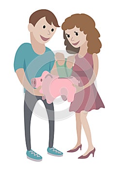 Man and woman holds piggy bank in their hands. Money concept