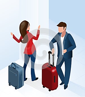 Man and Woman at Hotel Hall with Luggage Suitcase