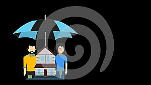 Man and woman and a house are standing below an umbrella.