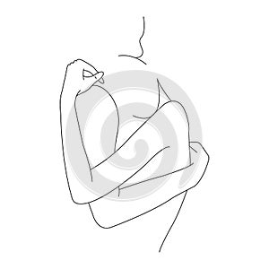 Man and a woman are hugging drawn in a minimalist style. The design is suitable for Valentine`s Day, a symbol of love friendship