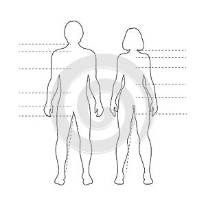 Man and woman human body silhouettes with pointers. Vector isolated outline infographic figures