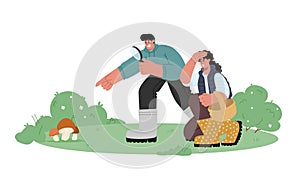 Man and woman hunting,picking mushrooms in the fall in the forest.The guy holds a magnifying glass.Vector illustration