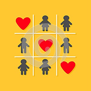 Man Woman icon Tic tac toe game. Three red big heart sign Yellow background Flat design