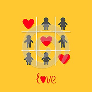 Man Woman icon Tic tac toe game. Three red heart sign Love Yellow background Flat design