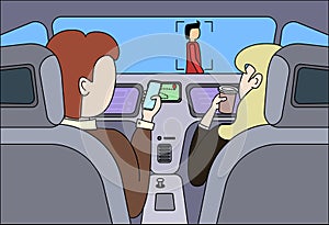 Man and woman inside driverless car interior on road trip on autopilot. Dashboard display no hands on steering