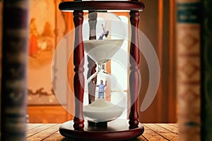 Man and woman inside hourglass, deadline concept