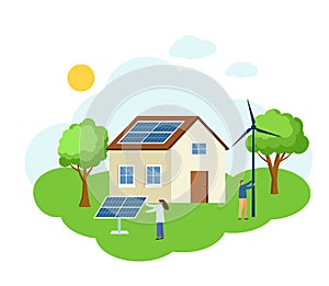 Man and woman install solar panel and wind generator in house. Sustainable energy climate alternative. Solar, wind power