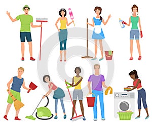 Man and woman janitors cleaners. Cleaning people working washing with cleaning equipmen set. Cleaning stuff service. photo