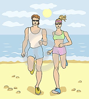 Man and woman jogging on the beach