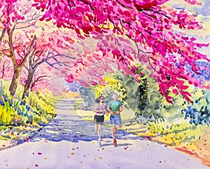 Man and woman jogging in the morning,watercolor painting.