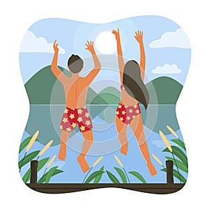 Man and Woman Jumping into Lake.