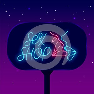 Man and woman kiss neon sign on street billboar. Sex shop neon lettering. One line drawing. Isolated vector illustration