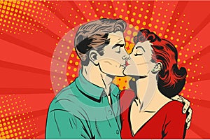 Man and woman are kissing. Couple love illustration in pop art retro comic style.