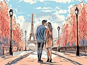 A Man And Woman Kissing In Front Of A Tower - honeymoon couple in paris