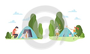 Man and Woman on Lawn with Tent Playing Badminton Engaged in Outdoor Camping Activity Vector Set