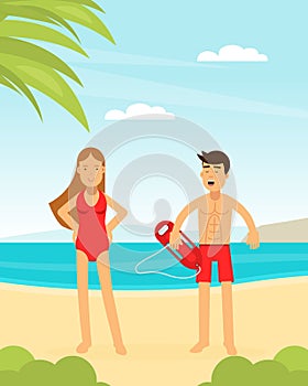 Man and Woman Lifeguard or Rescuer Supervising Safety and Rescuing Swimmers and Surfers Vector Illustration