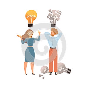 Man and Woman with Light Bulb as Smart Idea and Solution Vector Illustration