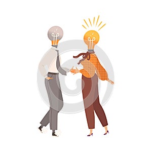Man and Woman with Light Bulb Head Handshaking as Smart Idea and Solution Vector Illustration