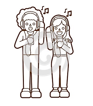 Man and woman listening song together Friendship graphic