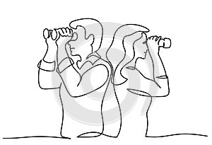 Man and woman looking into distance with binoculars. Continuous one line drawing