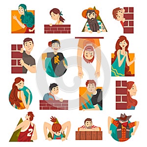 Man and Woman Looking Out from Geometric Shape and Brick Wall and Corner Big Vector Set
