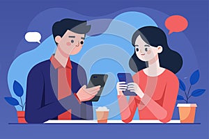 Man and Woman Looking at Tablet, Woman and man chatting on a date on an app while leaning on the phone, Simple and minimalist flat
