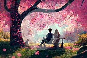 A man and woman in love in Spring. Romance in nature with flowers and blossoms