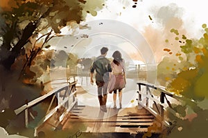 A man and woman in love standing on a wooden bridge, painted in watercolor on textured paper. Digital watercolor painting