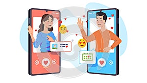Man, woman lovers couple chatting via dating app