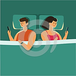 man and woman lying in bed night, using smartphone