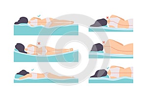 Man and Woman Lying in Correct and Incorrect Sleeping Pose for Neck and Spine Vector Set