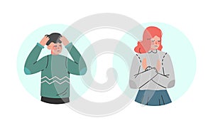 Man and Woman Making Negative Hand Gesture Showing Stop Sign and Frowning in Circular Frame Vector Set