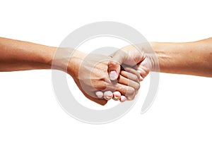 Man and woman - man`s hand hold by a girl hand isolated on the white background.