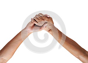 Man and woman - man`s hand hold by a girl hand isolated on the white background.