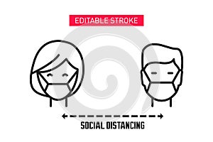Man and Woman in medical face protection mask. Social distancing line icon. Keep your social distance banner. Man and woman wearin