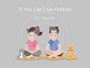 Man and woman are meditate with dog and cat, Stay home stay safe. Social Distancing