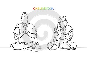 Man and woman meditate in lotus position, lineart vector
