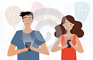 Man and woman with mobile phone read messages. Flat style