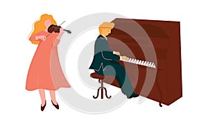 Man and Woman Musician Instrumentalist Performing Music Playing Musical Instrument Vector Set