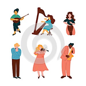 Man and Woman Musician Instrumentalist Performing Music Playing Musical Instrument Vector Set photo